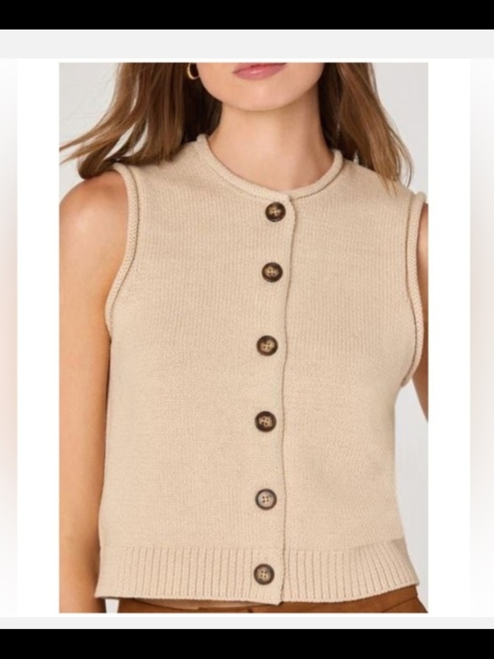 Astr Sleeveless Crewneck Button-Front Knit Vest in Beige - Size Small